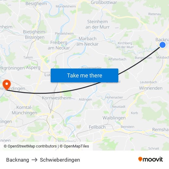 Backnang to Schwieberdingen map