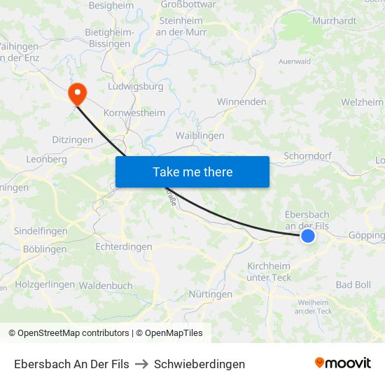 Ebersbach An Der Fils to Schwieberdingen map
