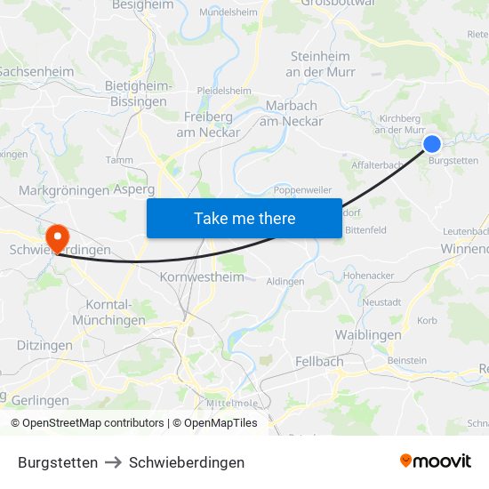 Burgstetten to Schwieberdingen map