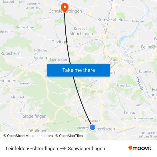 Leinfelden-Echterdingen to Schwieberdingen map