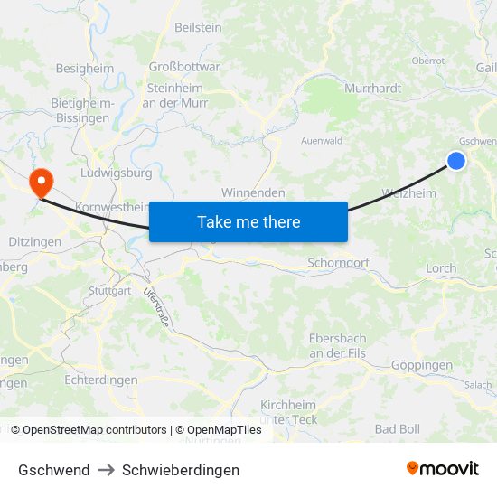 Gschwend to Schwieberdingen map