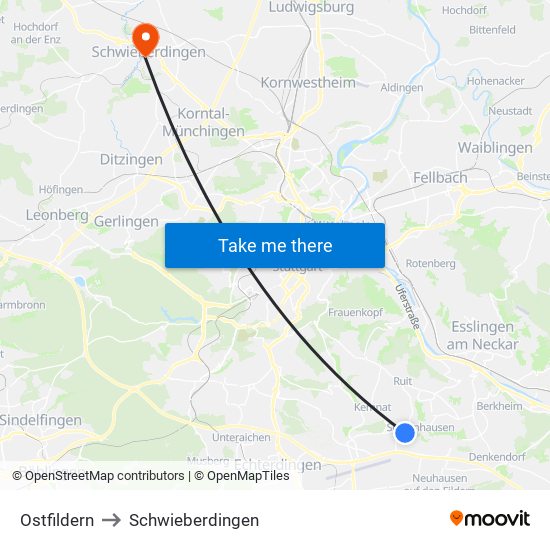 Ostfildern to Schwieberdingen map