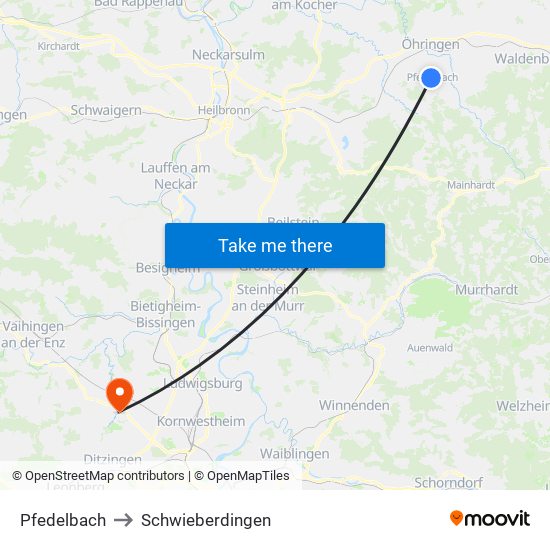 Pfedelbach to Schwieberdingen map