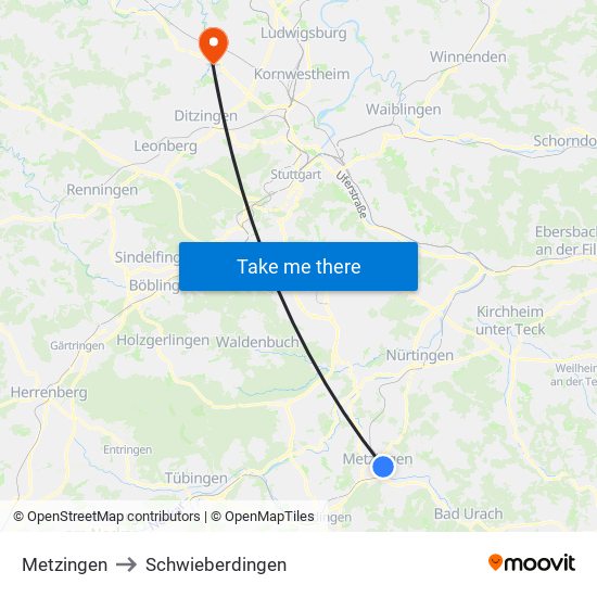 Metzingen to Schwieberdingen map