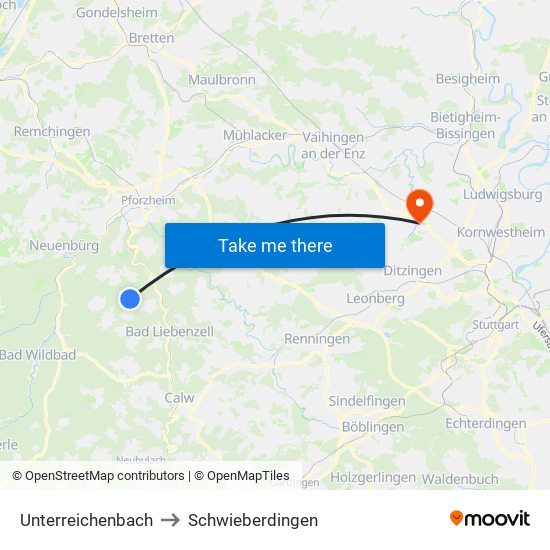 Unterreichenbach to Schwieberdingen map