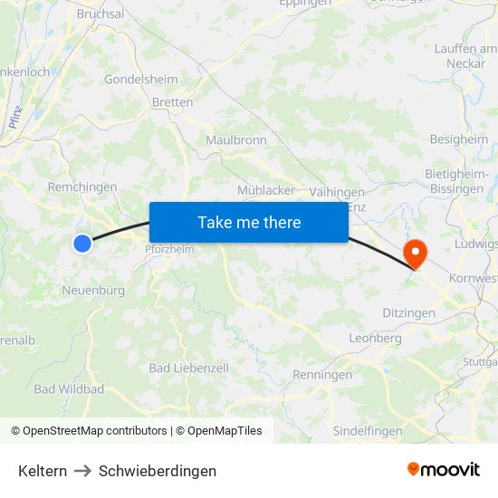Keltern to Schwieberdingen map