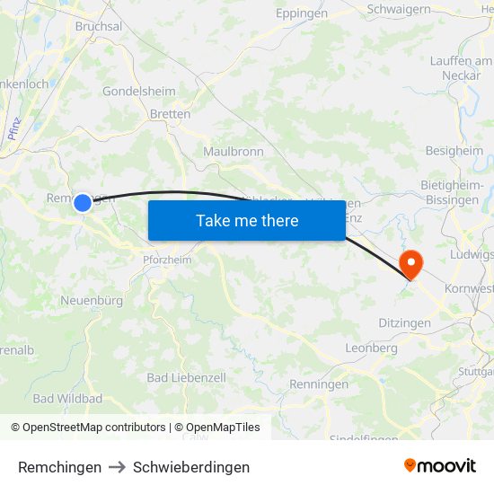 Remchingen to Schwieberdingen map