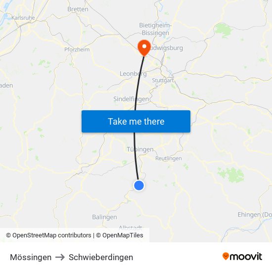 Mössingen to Schwieberdingen map