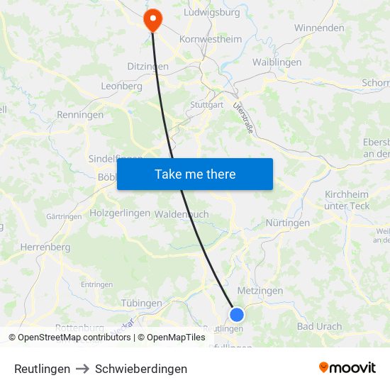 Reutlingen to Schwieberdingen map