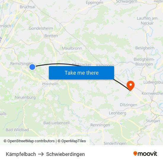 Kämpfelbach to Schwieberdingen map