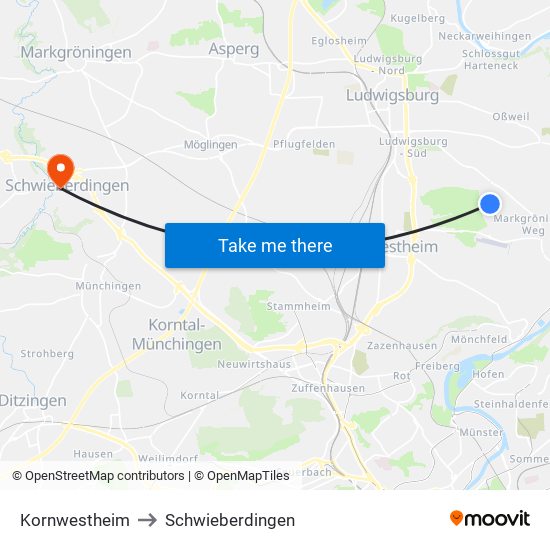 Kornwestheim to Schwieberdingen map