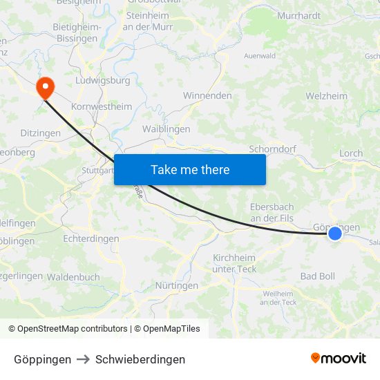 Göppingen to Schwieberdingen map