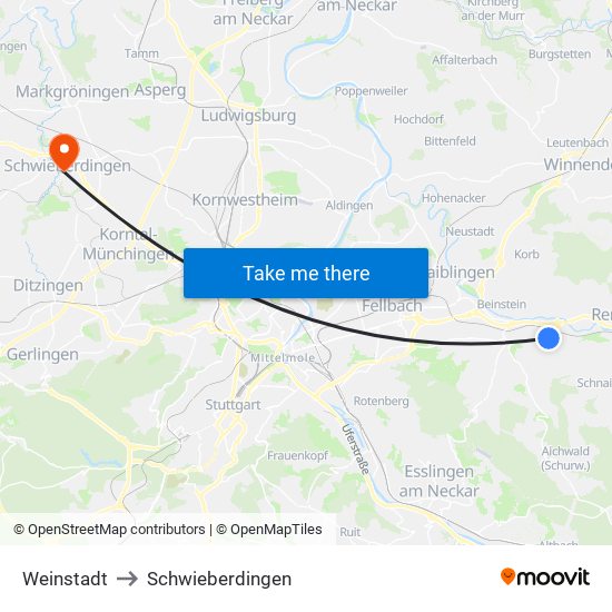 Weinstadt to Schwieberdingen map