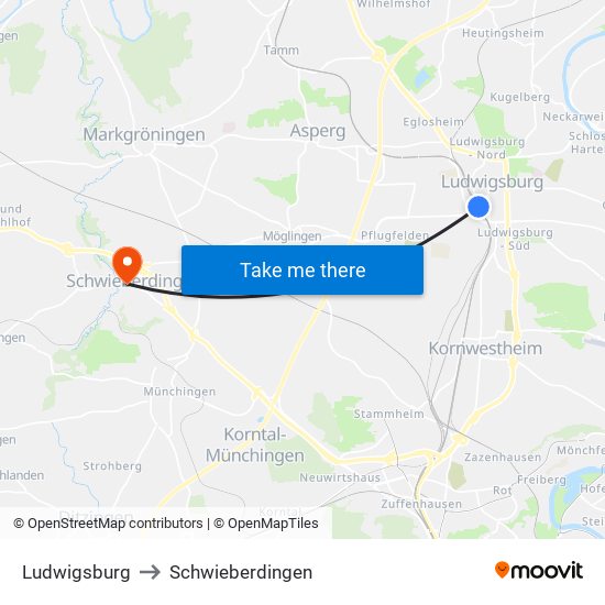 Ludwigsburg to Schwieberdingen map