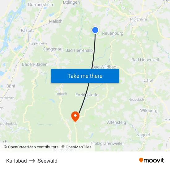 Karlsbad to Seewald map