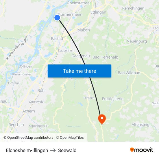 Elchesheim-Illingen to Seewald map