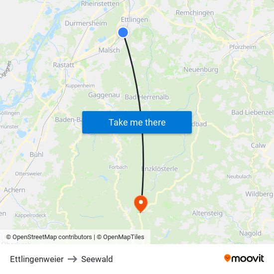 Ettlingenweier to Seewald map