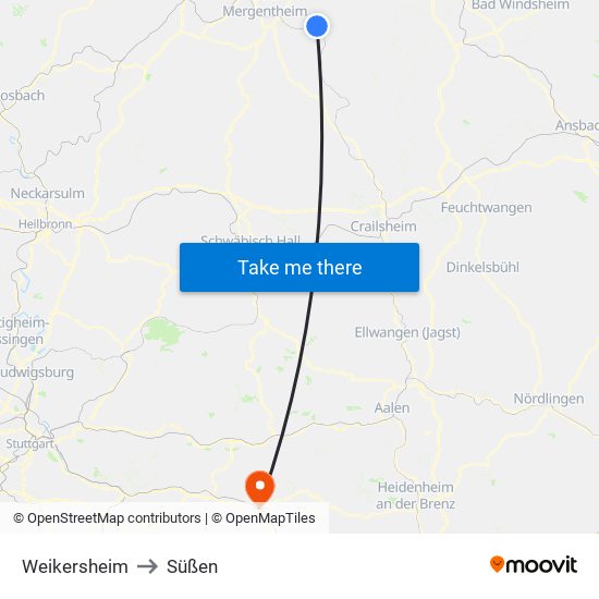 Weikersheim to Süßen map