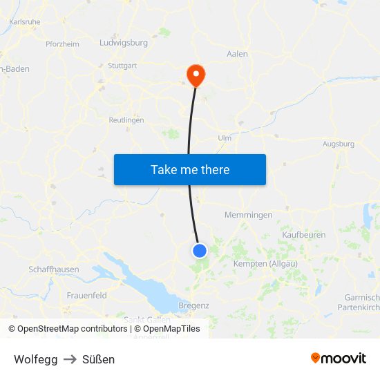 Wolfegg to Süßen map