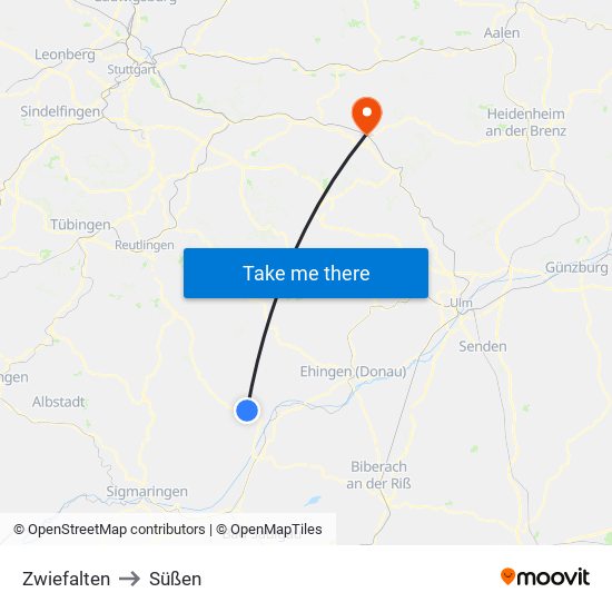 Zwiefalten to Süßen map