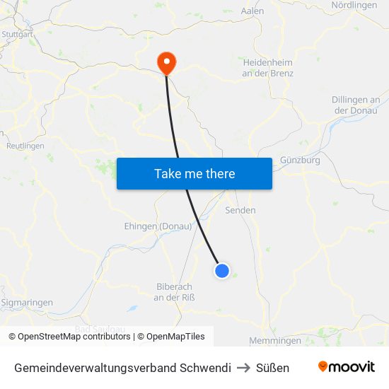 Gemeindeverwaltungsverband Schwendi to Süßen map