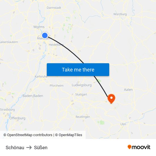 Schönau to Süßen map