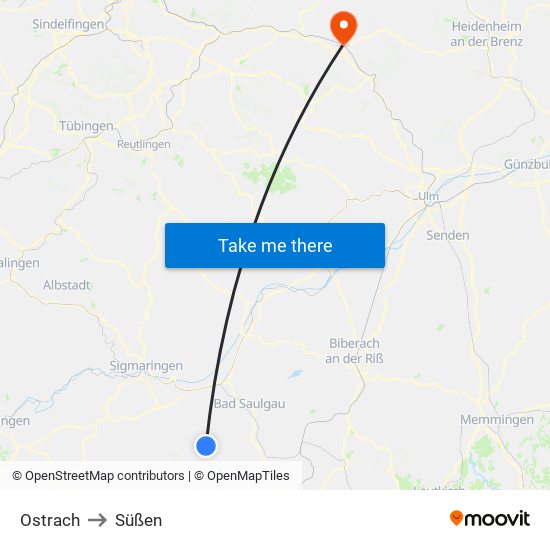 Ostrach to Süßen map