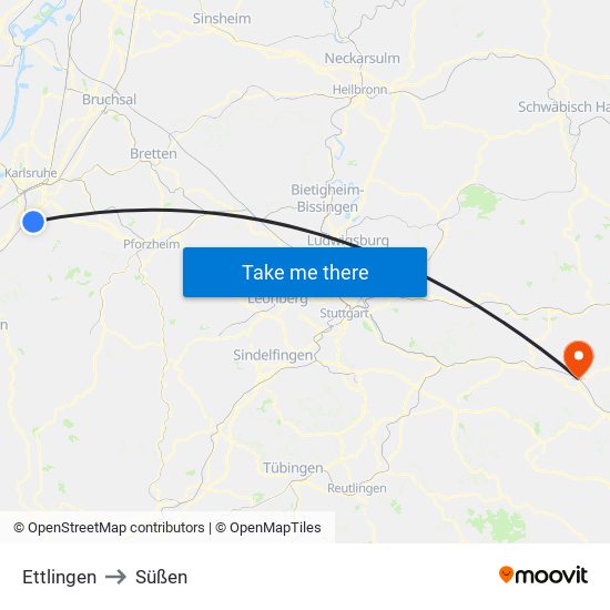 Ettlingen to Süßen map