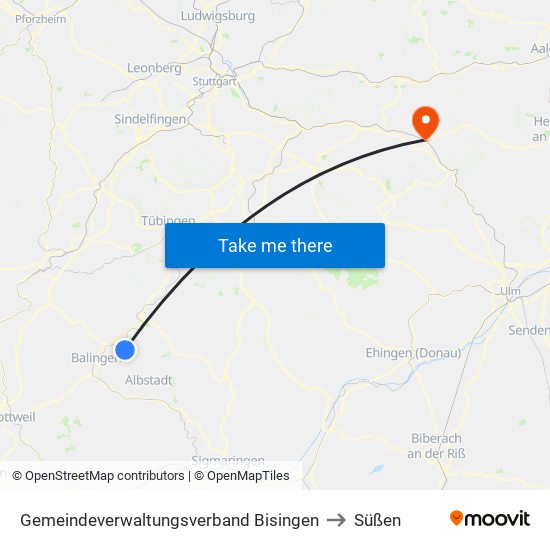 Gemeindeverwaltungsverband Bisingen to Süßen map