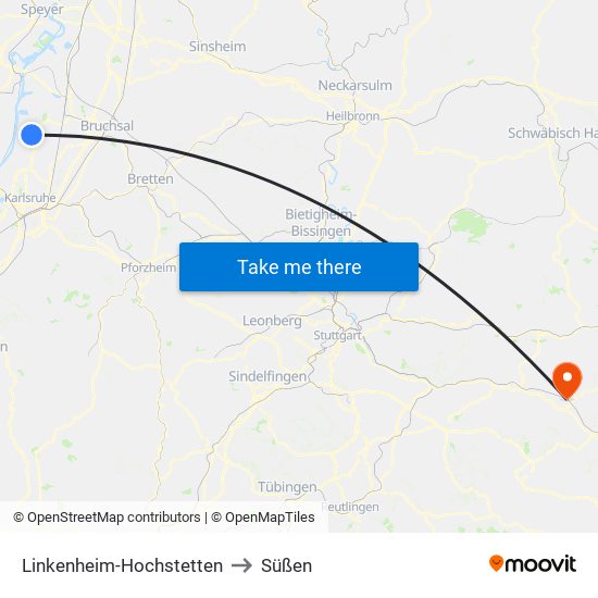 Linkenheim-Hochstetten to Süßen map