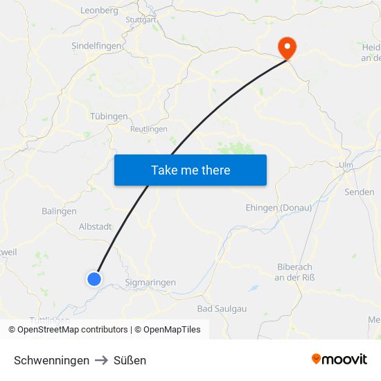 Schwenningen to Süßen map