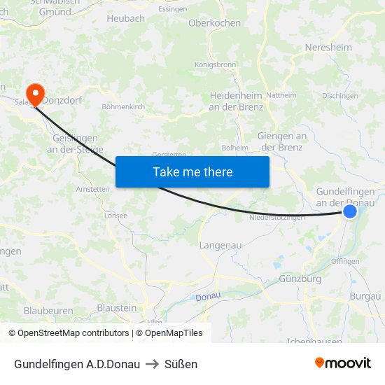 Gundelfingen A.D.Donau to Süßen map