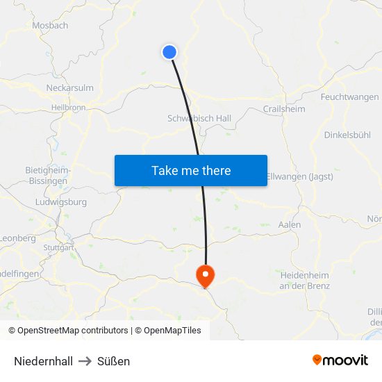 Niedernhall to Süßen map