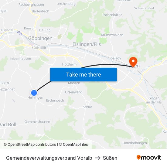 Gemeindeverwaltungsverband Voralb to Süßen map