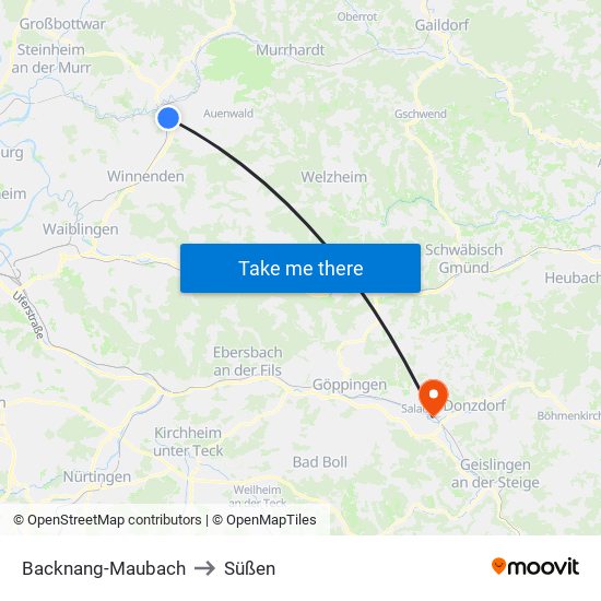 Backnang-Maubach to Süßen map