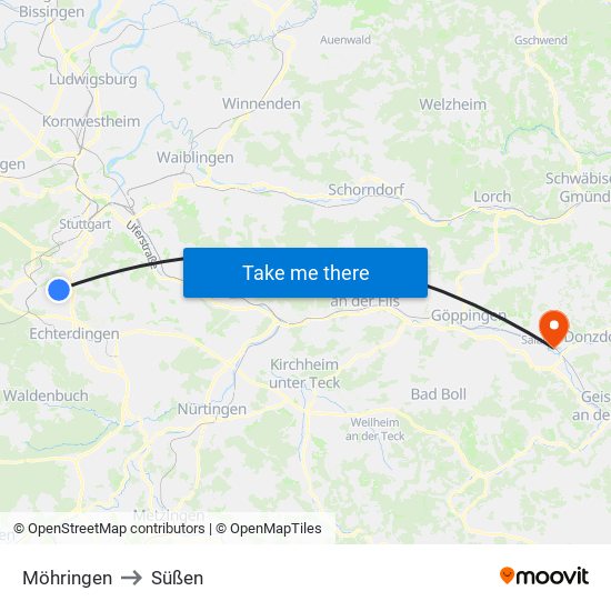 Möhringen to Süßen map