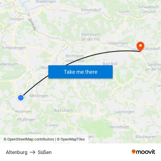 Altenburg to Süßen map