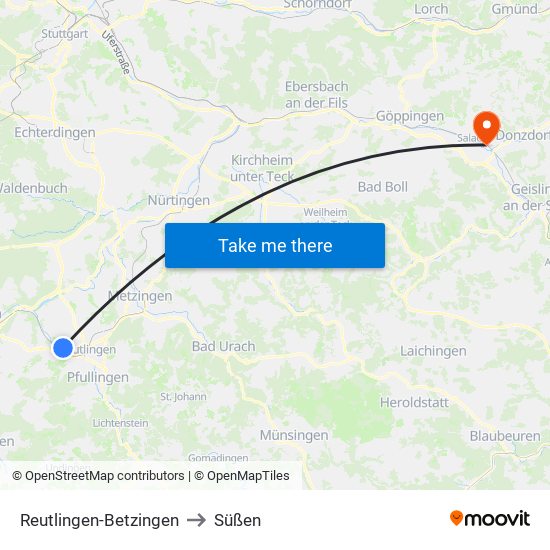 Reutlingen-Betzingen to Süßen map