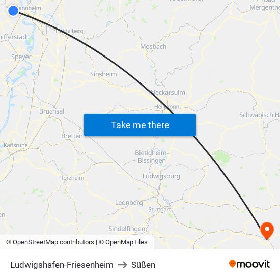 Ludwigshafen-Friesenheim to Süßen map