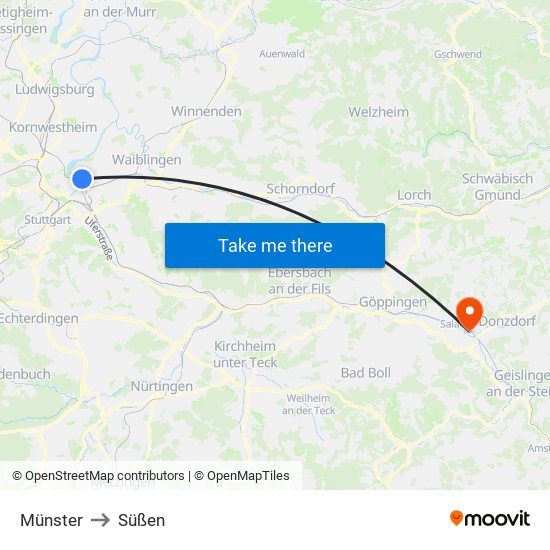 Münster to Süßen map
