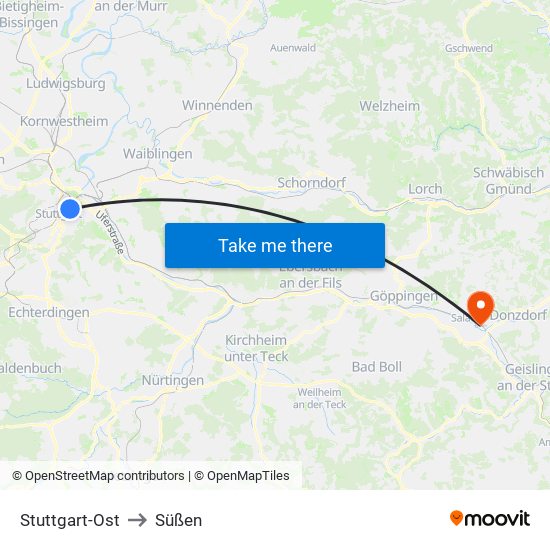 Stuttgart-Ost to Süßen map