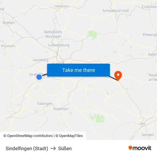 Sindelfingen (Stadt) to Süßen map