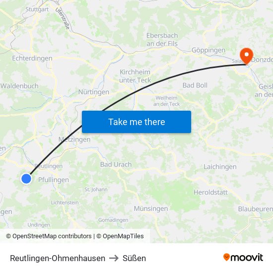 Reutlingen-Ohmenhausen to Süßen map