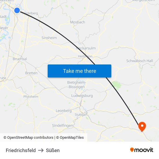 Friedrichsfeld to Süßen map