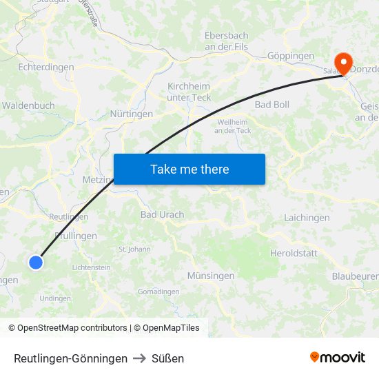 Reutlingen-Gönningen to Süßen map