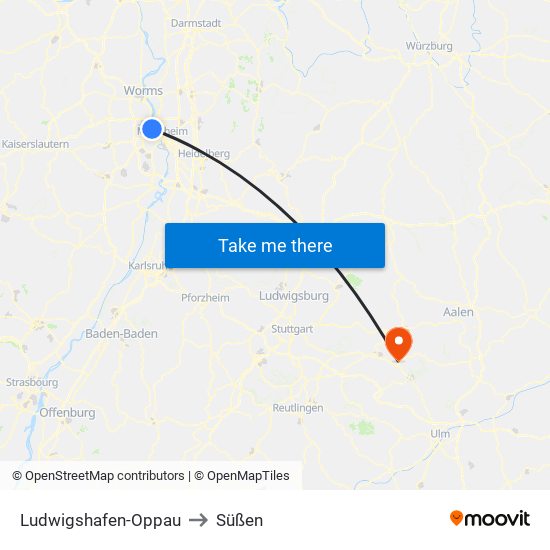 Ludwigshafen-Oppau to Süßen map