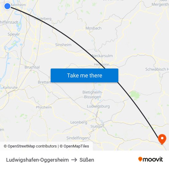 Ludwigshafen-Oggersheim to Süßen map