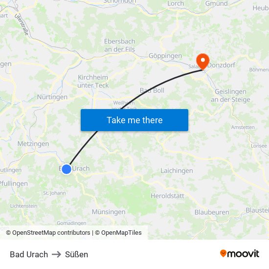Bad Urach to Süßen map