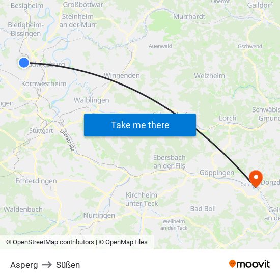 Asperg to Süßen map