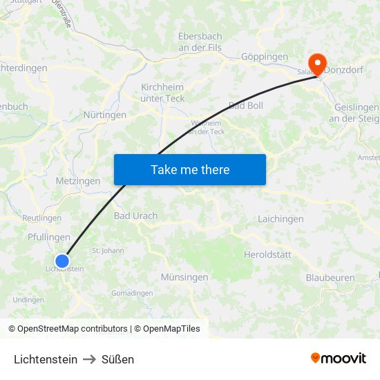 Lichtenstein to Süßen map